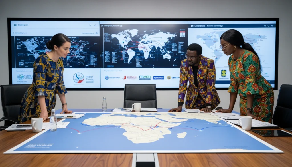 Professionnels africains analysant une carte des corridors logistiques en Afrique avec écrans de suivi des flux internationaux, illustrant la planification stratégique et l’intégration des chaînes logistiques.