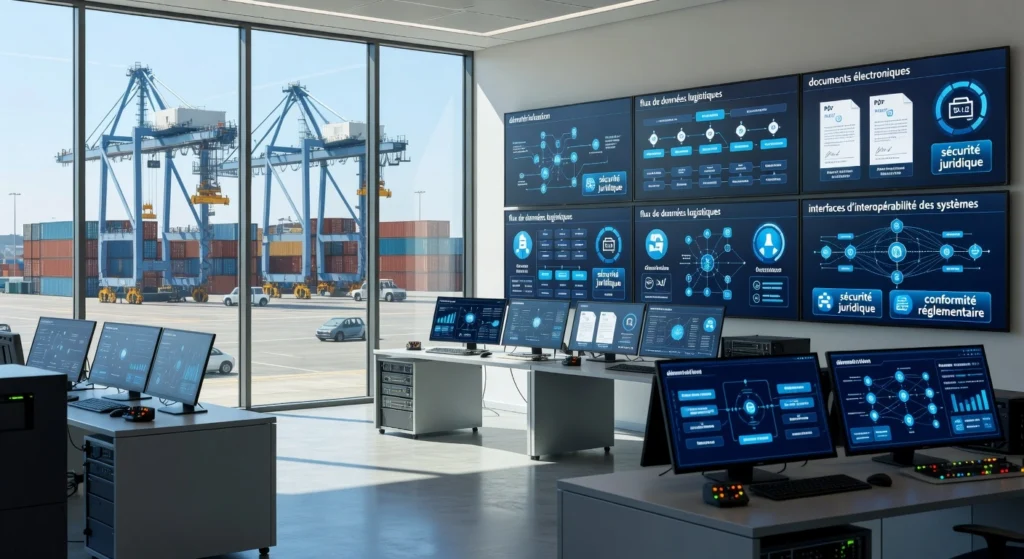 Salle de contrôle logistique numérique avec écrans affichant documents électroniques, interopérabilité des systèmes et sécurité juridique, donnant sur un terminal portuaire, illustrant la digitalisation et la simplification des procédures.