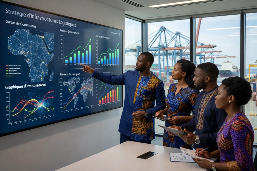 Professionnels africains analysant des tableaux de bord sur les infrastructures logistiques et les flux d’investissement, avec terminal portuaire visible en arrière-plan, illustrant la planification stratégique et la performance des chaînes logistiques.
