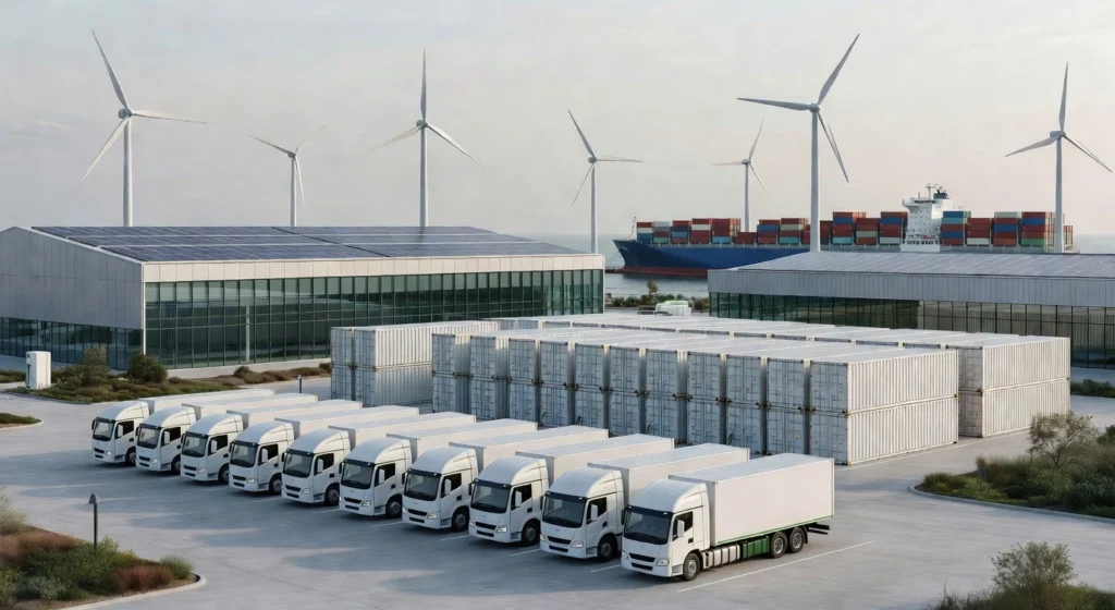 Plateforme logistique durable avec camions alignés, entrepôt équipé de panneaux solaires, éoliennes en arrière-plan et navire porte-conteneurs, illustrant la décarbonation et l’optimisation des chaînes logistiques.
