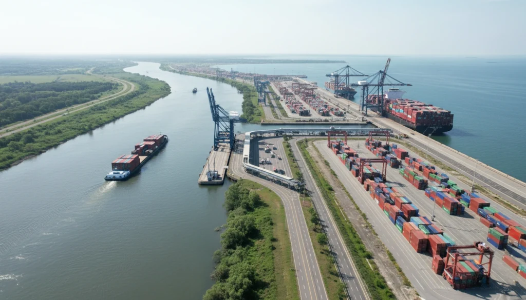 Vue aérienne d’un corridor logistique fluvio-maritime avec port à conteneurs, barges sur le fleuve et connexion routière, illustrant l’intégration des modes de transport et l’intermodalité des chaînes logistiques.