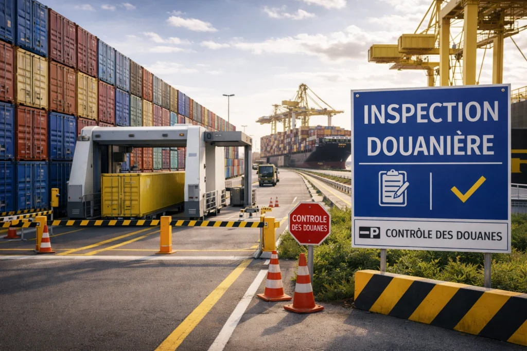Poste d’inspection douanière dans un terminal portuaire avec scanner de conteneurs, camions en contrôle, piles de conteneurs et grues portuaires, illustrant la facilitation et la sécurisation des échanges commerciaux.