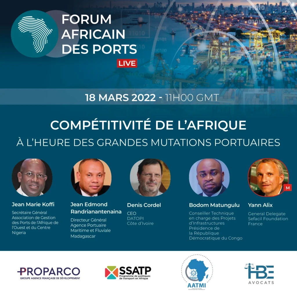 Flyer qui présente le thème et les orateurs de la conférence sous le thème Compétitivité de l’Afrique à l’heure des grandes mutations portuaires.