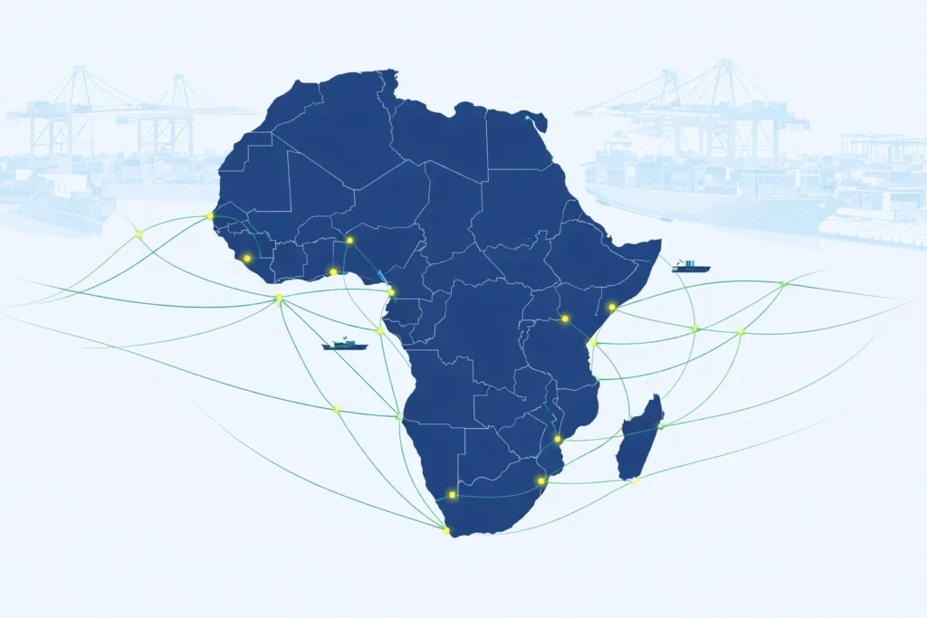 Carte vectorielle minimaliste de l’Afrique en bleu marine avec ports maritimes majeurs indiqués par points lumineux et corridors maritimes verts interconnectés, sur fond clair avec port en filigrane, illustrant les flux logistiques et l’intermodalité continentale.