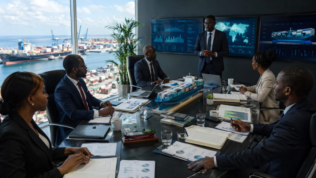 Autour d’une table élégante, équipe d’experts africains mixtes (hommes et femmes) en tenue business analysant plans de flotte, graphiques financiers, projections de rentabilité et documents techniques de navires sur écrans digitaux.