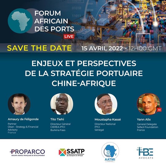 Flyer qui présente le thème et les orateurs de la conférence sous le thème Enjeux et perspectives de la stratégie portuaire Chine-Afrique.