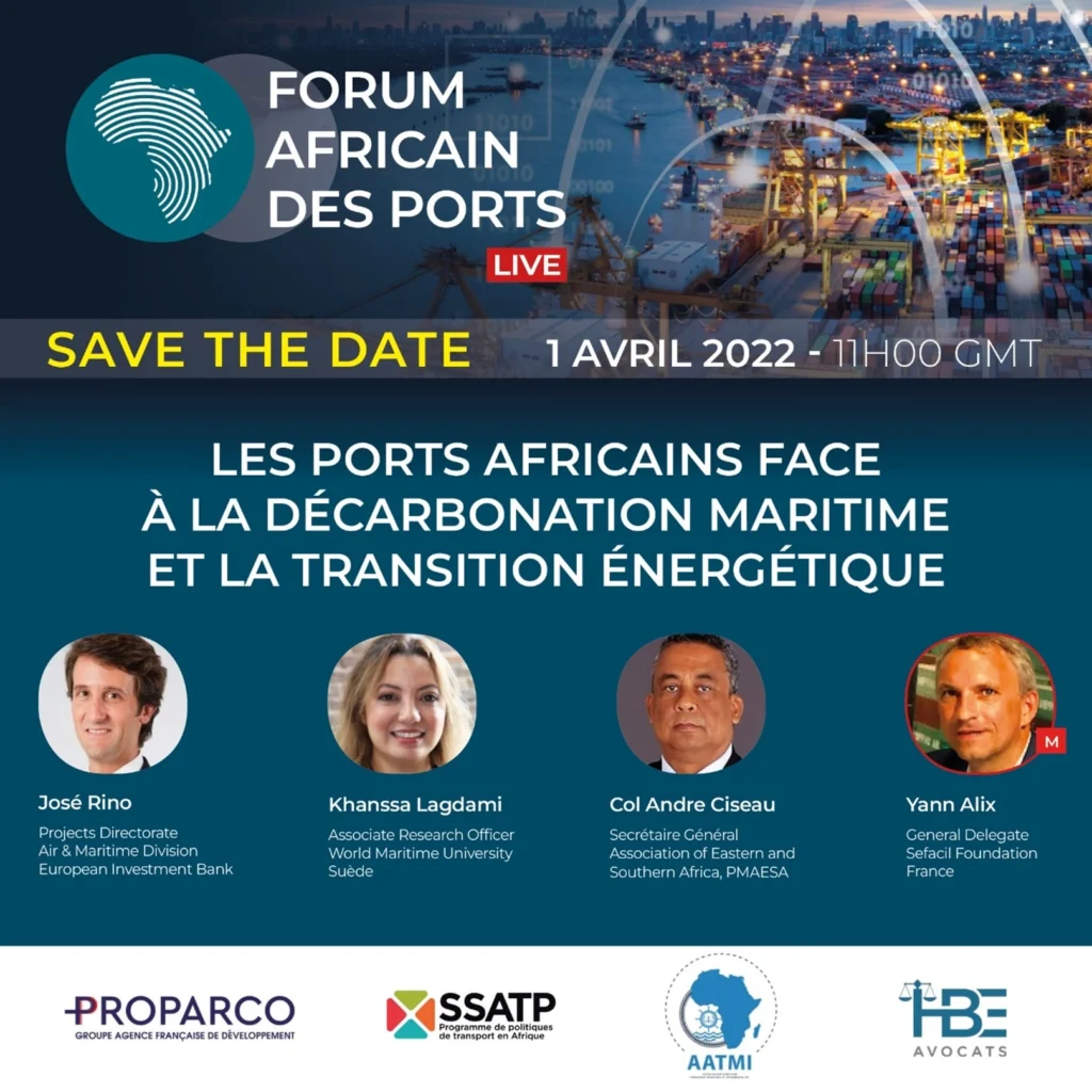 Flyer qui présente le thème et les orateurs de la conférence sous le thème Les ports africains face à la décarbonisation maritime et la transition énergétique.